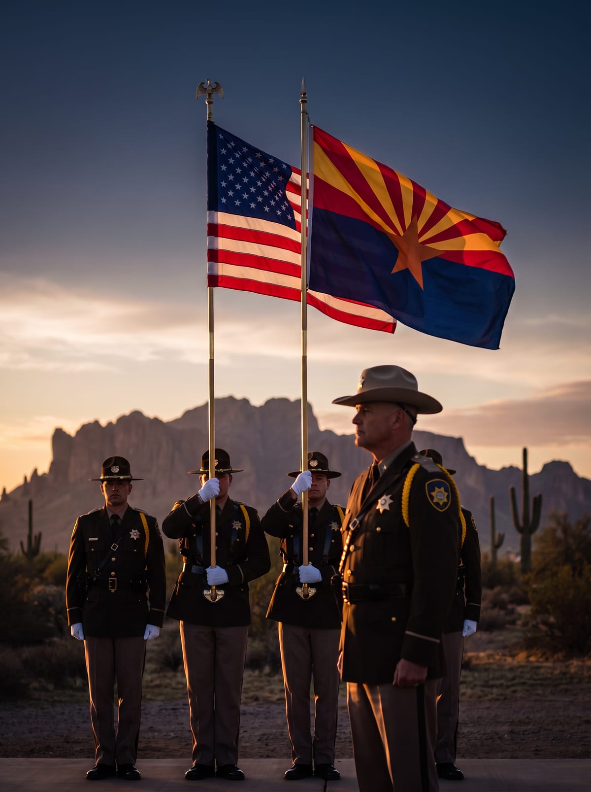 Sheriff's honor guard presenting the United States and Arizona flags at sunset before the Arizona desert mountains